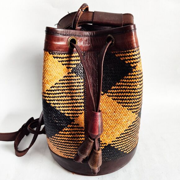 Vintage Boho Brown Tan Rattan Leather Drawstring Crossbody Backpack Bucket Bag